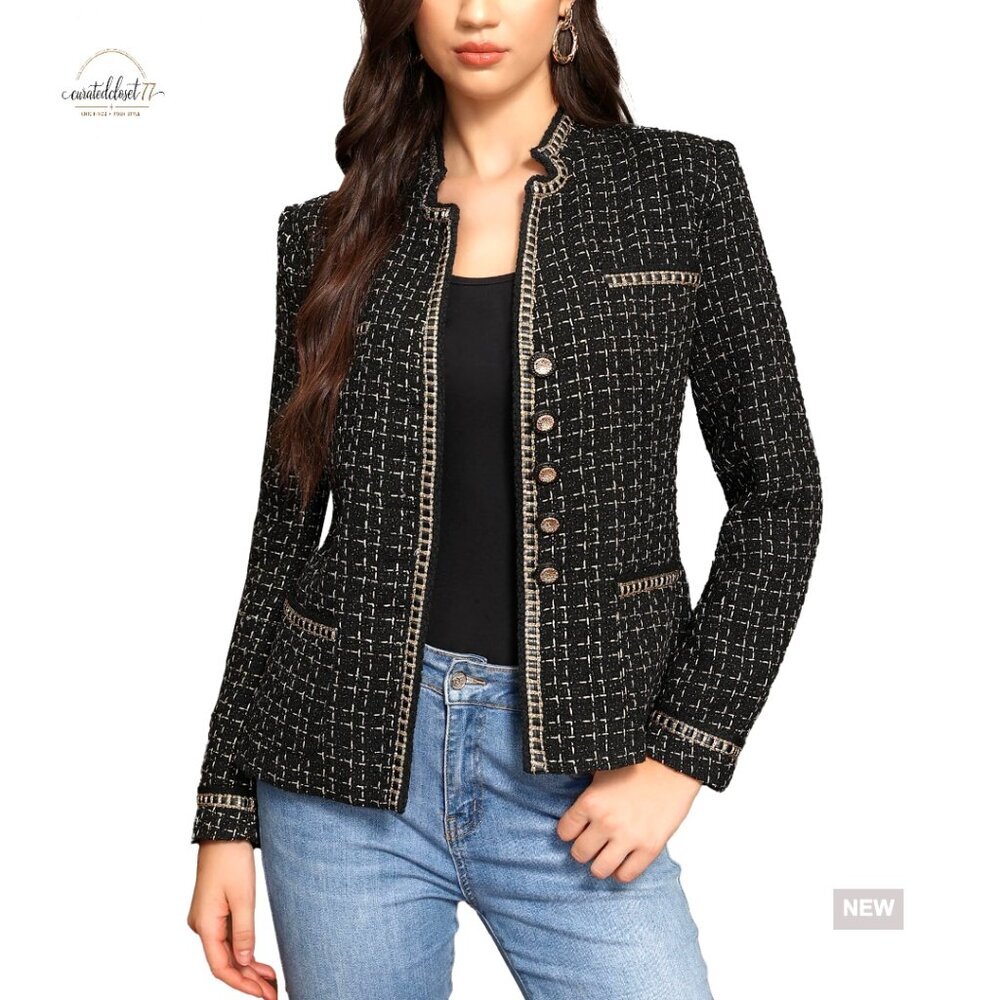 Women's Tailored Tweed Blazer, Stand Notch Lapel, Fully Lined, Business Casual